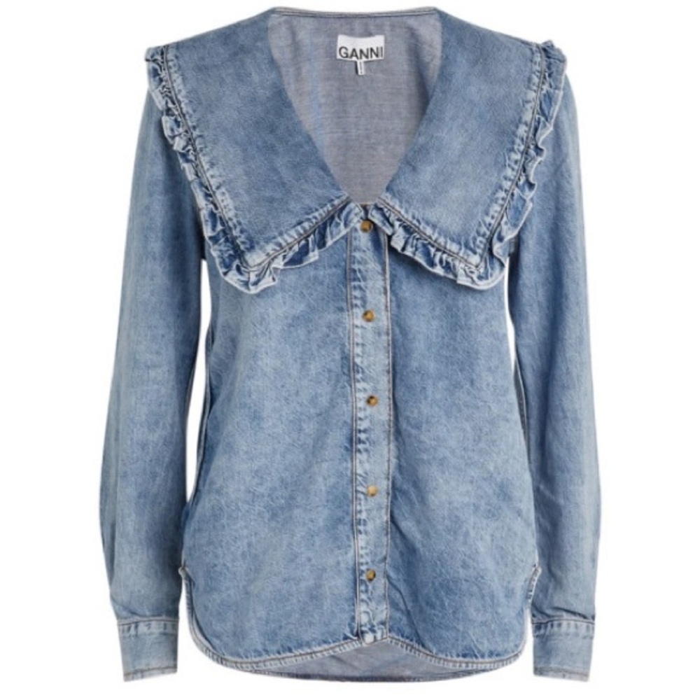 GANNI Blue Denim Jean Button Down Shirt w/ Oversized Peter Pan Collar 38 / US 6